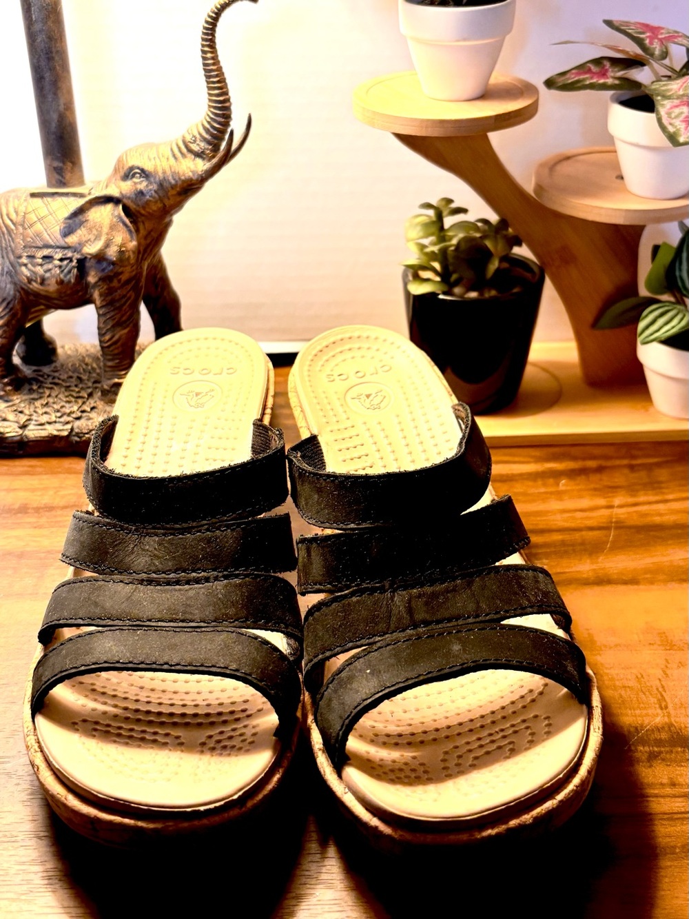 Crocs LEATHER Slide Sandals Size 8 Black Kork Wedge Size 8